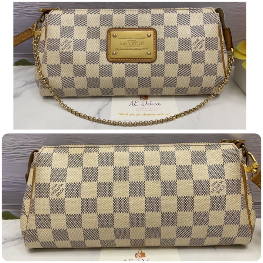 β€οΈβπ©ΉSOLDβ€οΈβπ©Ή Louis Vuitton Eva Damier Azur Chain Clutch 2 Way Purse (SN2123) - Picture 3 of 15